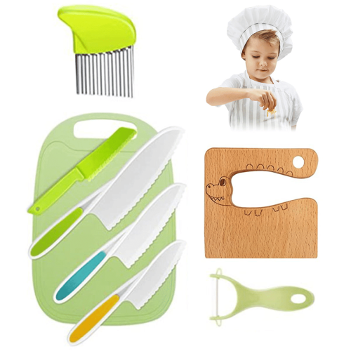 8 PCS Wooden Kids Safe Knives for Real Cooking Include Wood Kids Kitchen Knife Plastic Cutting Board Peeler Potato Slicers Cooking Knives Serrated Edg 8 PCS Wooden Kids Safe Knives for Real Cooking Include Wood Kids Kitchen Knife Plastic Cutting Board Peeler Potato Slicers Cooking Knives Serrated Edg