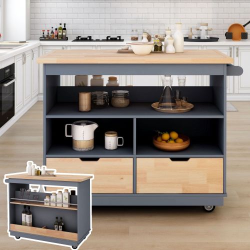 Rolling Kitchen Island with Storage, Two-sided Kitchen island Cart on Wheels with Wood Top, Wine and Spice Rack, Large Kitchen Cart with 2 Drawers Rolling Kitchen Island with Storage, Two-sided Kitchen island Cart on Wheels with Wood Top, Wine and Spice Rack, Large Kitchen Cart with 2 Drawers